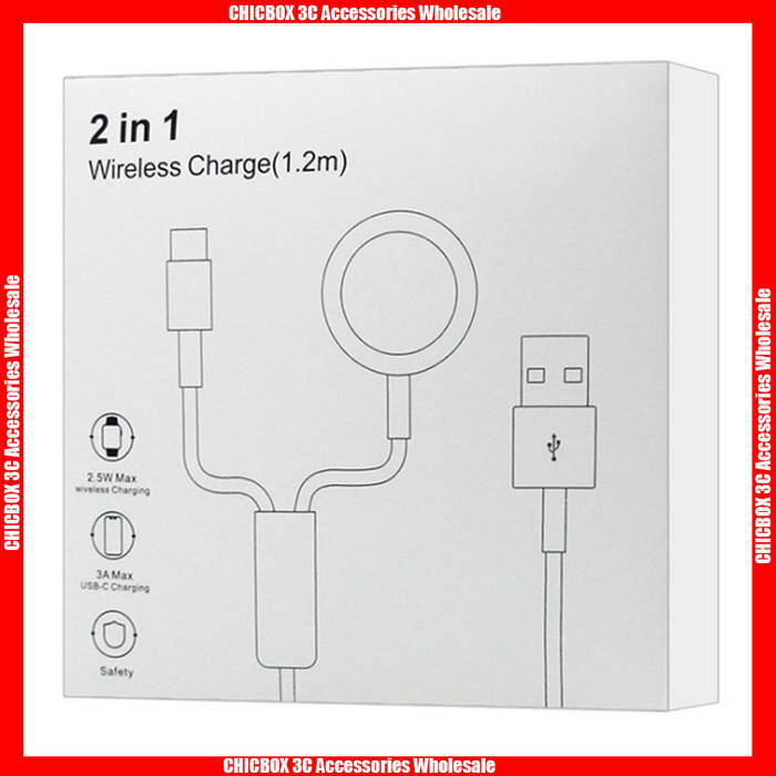 USB Series 2 in 1 (USB to USB-C+ Wireless Charger) Magnetic Charger 1M PC Cable For iWatch 1/2/3/4/5/6/7/8/SE/Ultra, With Retail Package.