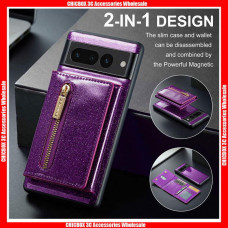 For Google Series D.MING M3 Series Shiny Powder 3 Fold Movable Zipper Wallet Bag with Magnetic Suction Leather Back Case