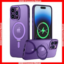 For iPhone Aluminum Camera Ring Transparent Skin Electroplating Buttons Hard PC+TPU Case with Invisible Alloy Magsafe Charging Kickstand