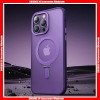 For iPhone Aluminum Camera Ring Transparent Skin Electroplating Buttons Hard PC+TPU Case with Invisible Alloy Magsafe Charging Kickstand