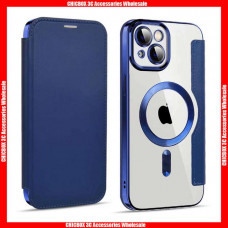 For iPhone & Samsung Business Style Magsafe Charging Leather Front+ Clear TPU Back Shell with Camera Lens Protect Glass
