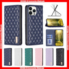 For iPhone BF16 Fashion Diamond Texture Magnetic Card Slots Leather Wallet Case